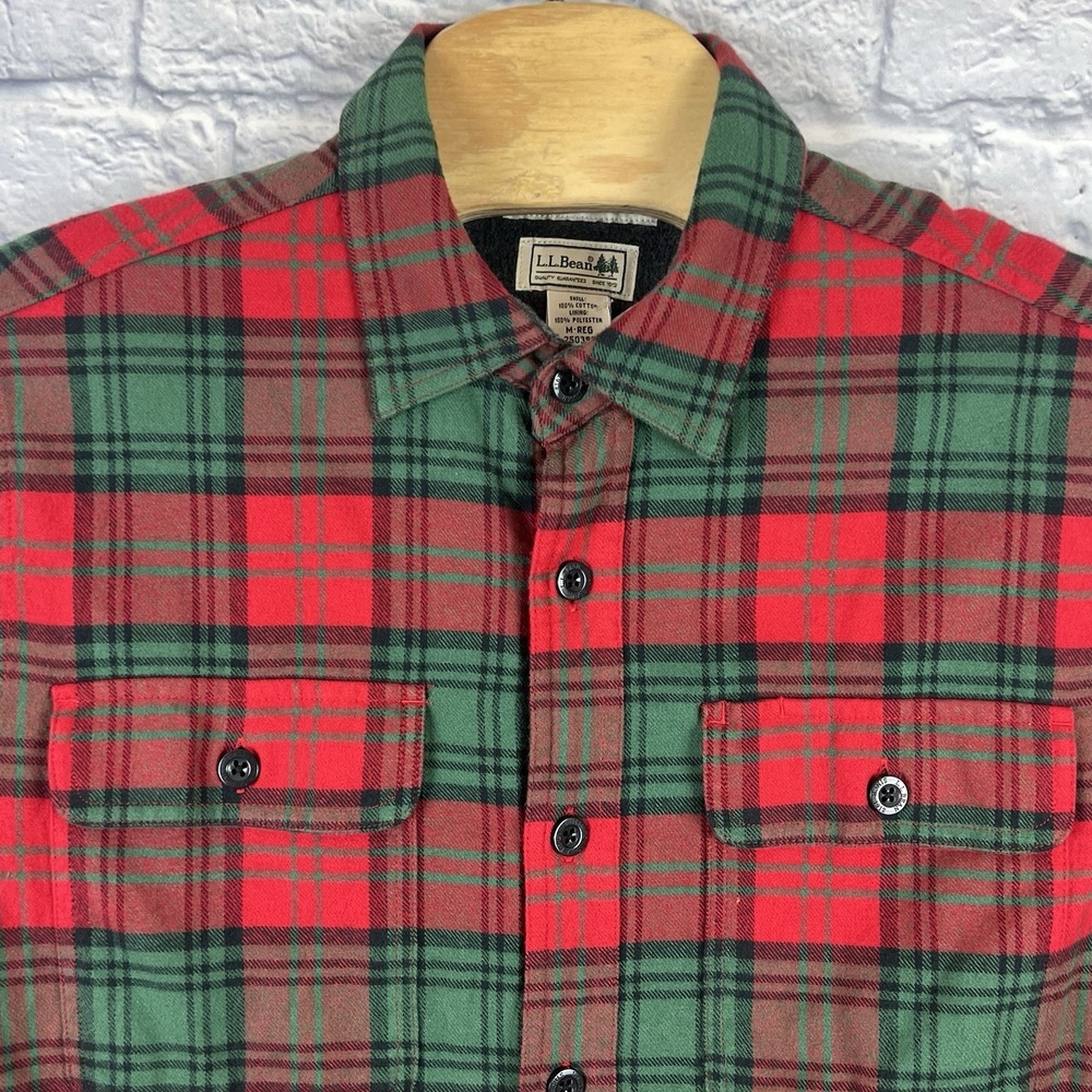 LL Bean Men Red Green Plaid Fleece Lined Flannel Button Shirt Jacket Size Medium